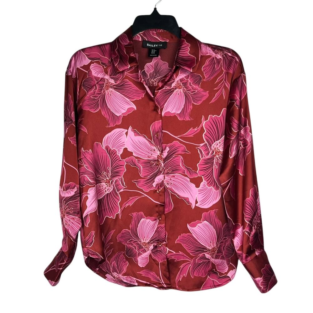 Bailey 44 Women's Size XS Satin Red Pink Floral Button-Up Long Sleeve Blouse Top - Picture 2 of 9